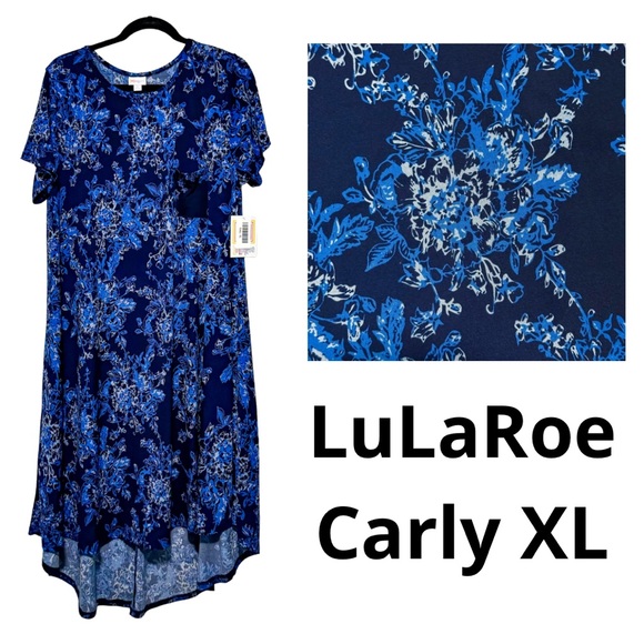 LuLaRoe Carly XL NWT Rare Silky Blue Floral Dress High-Low Hem - Picture 1 of 9